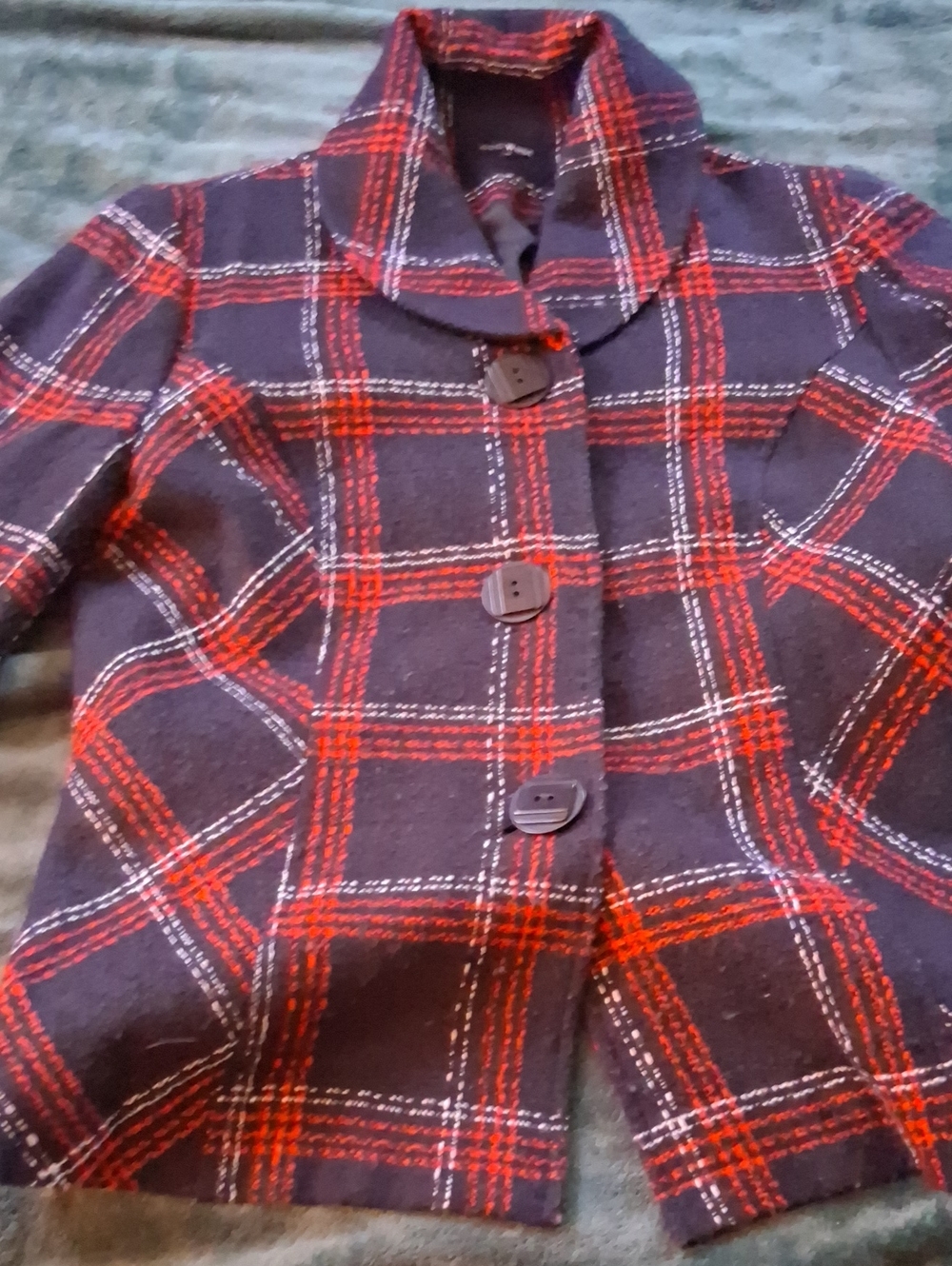 Plaid Button-Front Wool Blend Jacket in Navy and Red